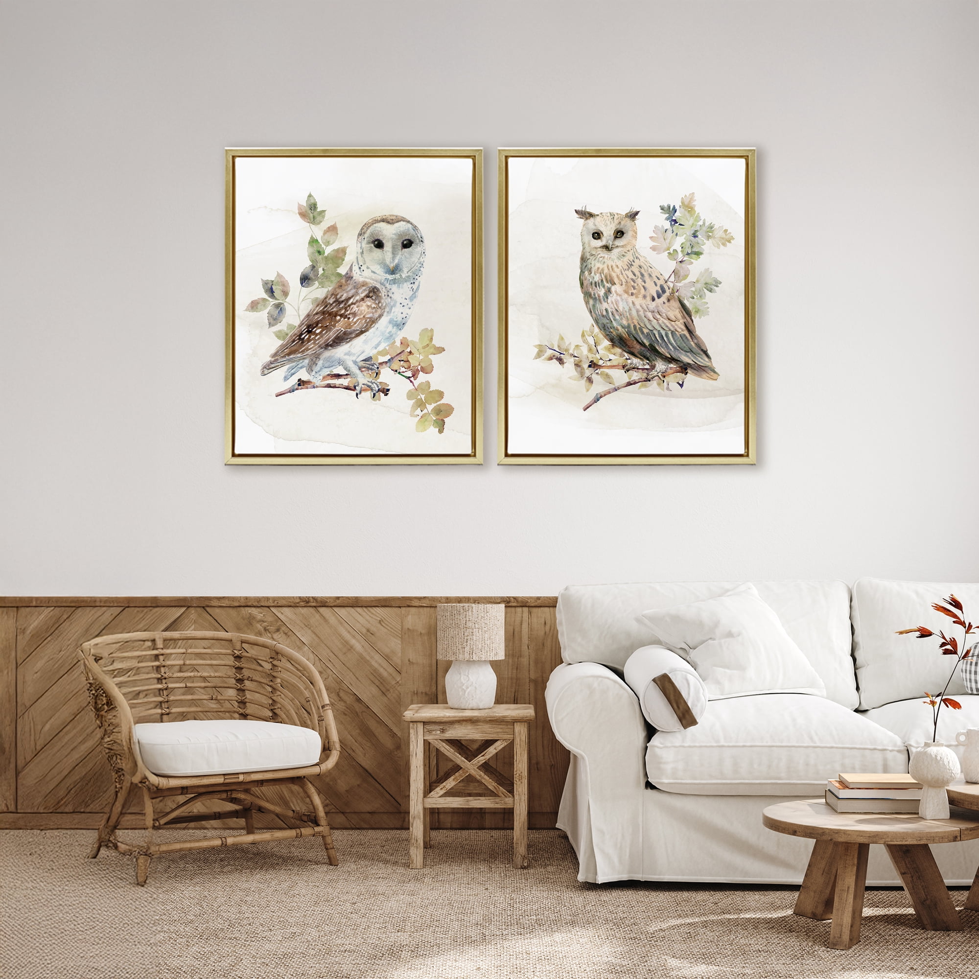 Stupell Industries Owls Perched in Foliage 2 Piece Gold Framed Floater Canvas Set, design by CAD Designs