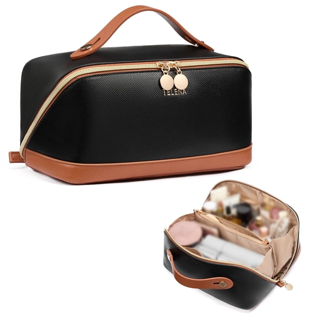 Bolsa de maquillaje Telena de gran capacidad, de viaje, piel sintética, color negro