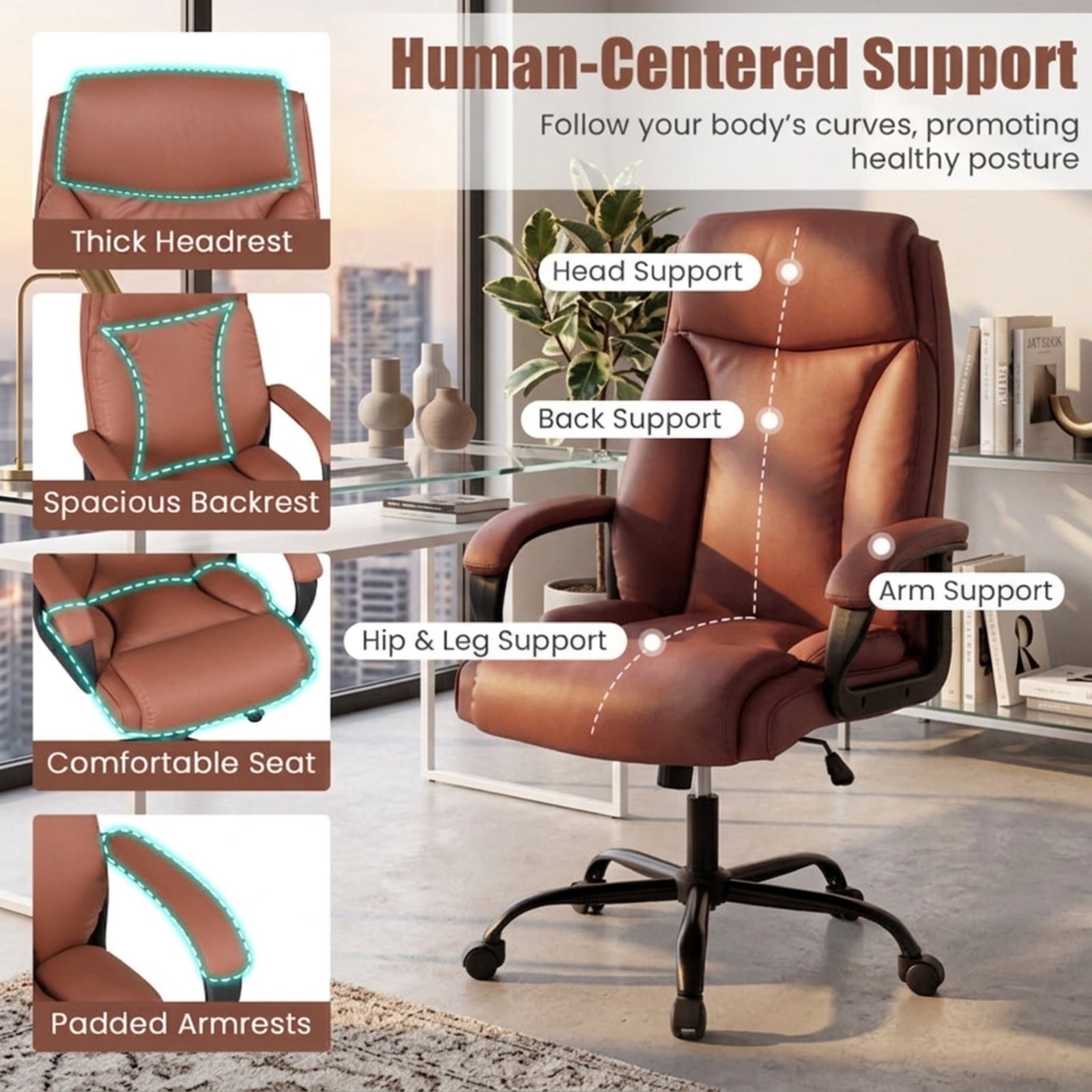 Furnibear Big and Tall Office Chair 400lb High Back Executive Computer Chair with PVC Leather Rocking Backrest and Swivel Seat, Brown