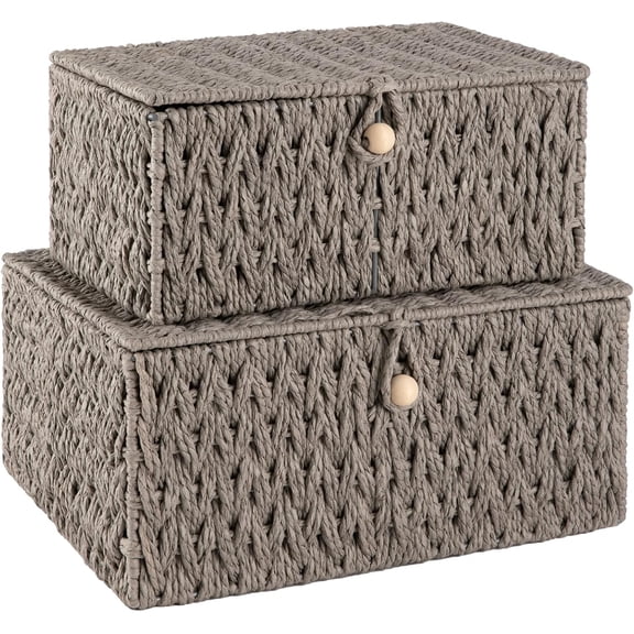Wicker Storage Basket with Lid and Lock Set of 2 Grey