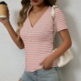 thumbnail image 6 of Uaswgudfs Womens Summer Tops Casual Short Sleeve Striped Color Block Ribbed Knit Button Down V Neck Shirts Slim Fitted Henley Tops, 6 of 8