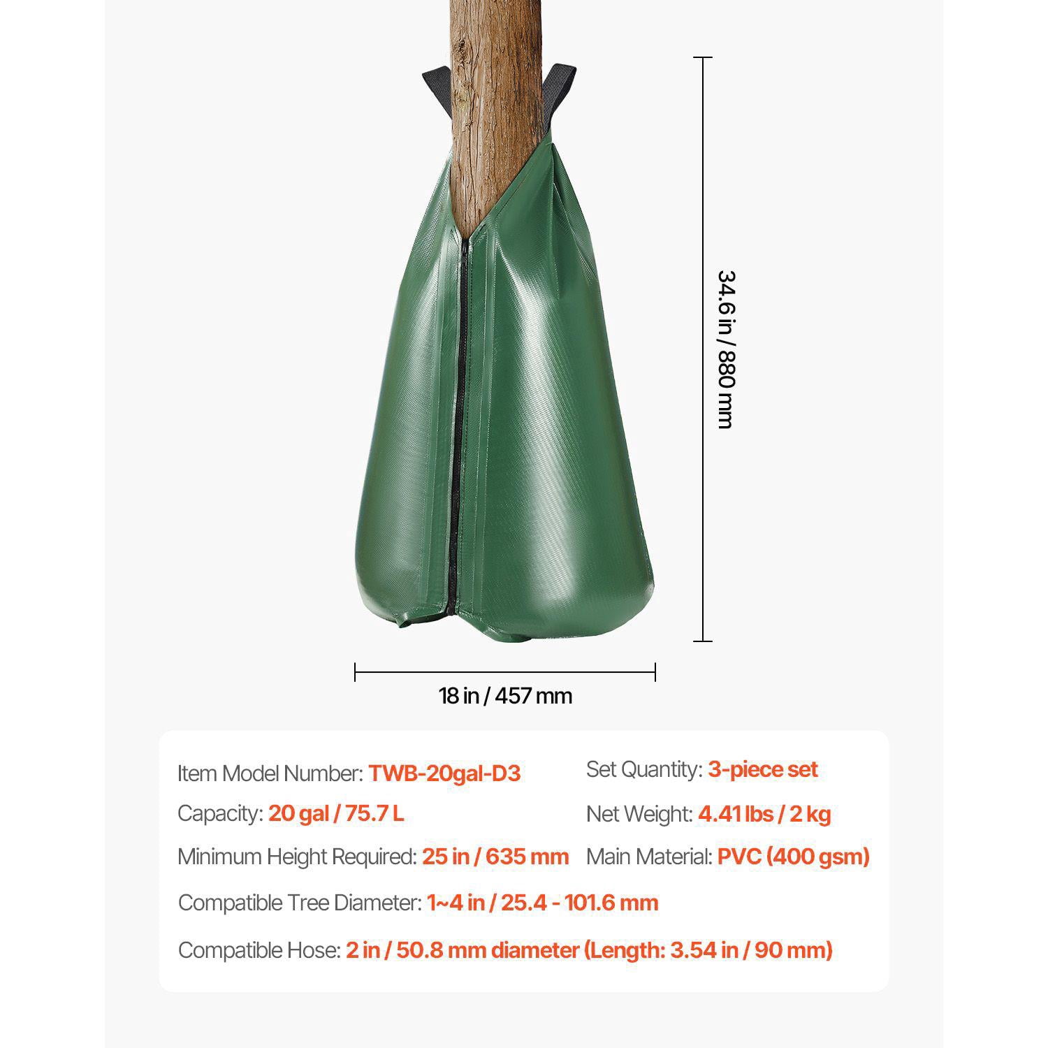 Tree Watering Bag 3 Pack 20 Gallon Slow Release Drip Irrigation System 5-9 Hours Refillable Zipper Deep Root Targeting Durable