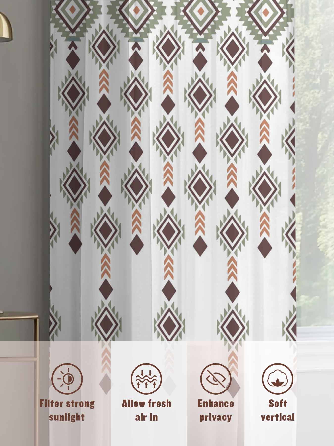 Sheer Curtain Panels Boho Diamond Voile Window Curtains Bohemian Geometric Stripes Beads Window Treatments Ligh Filtering Privacy Curtain Drapes for Bedroom Living Room 2 Panel Set 63 Inch