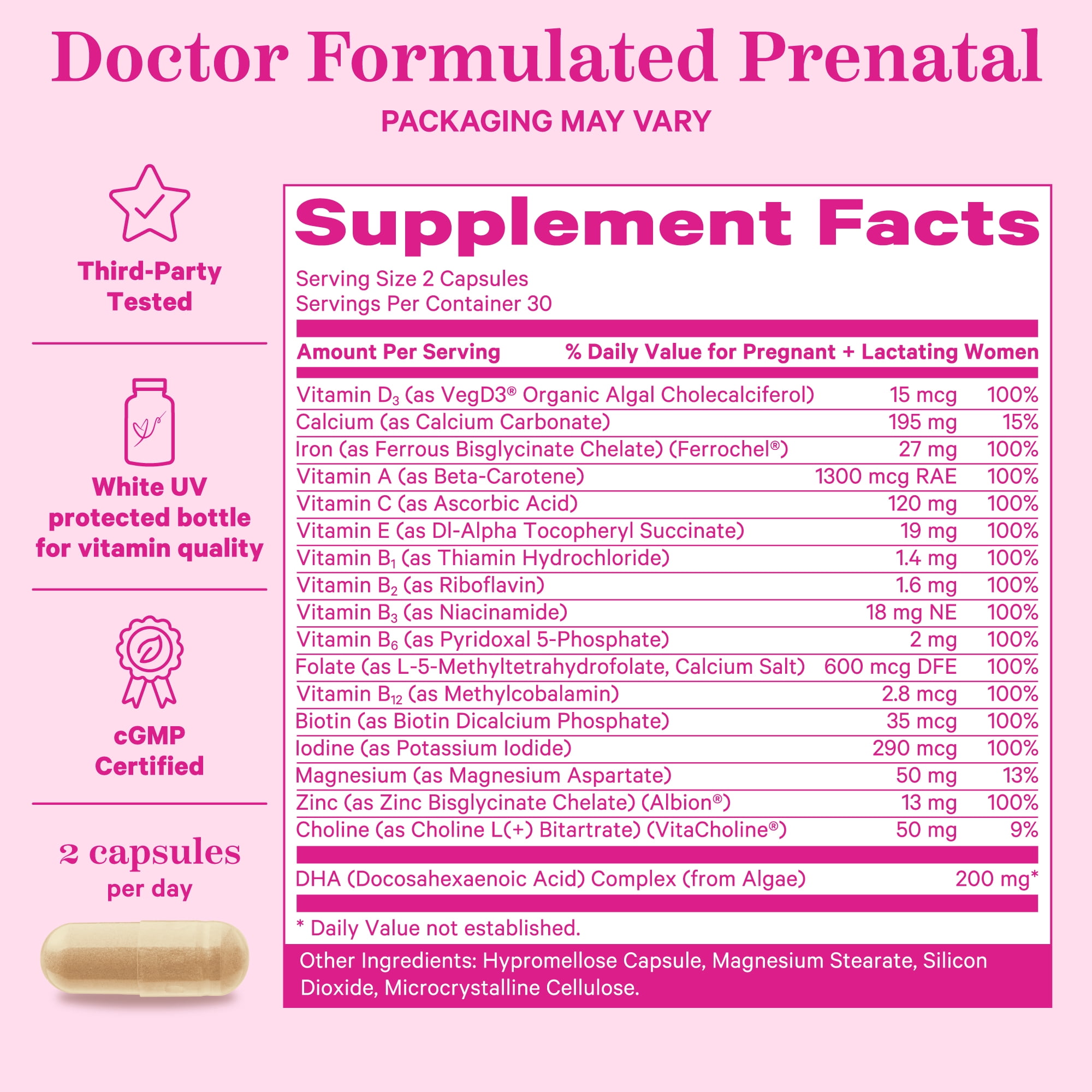 Pink Stork Total Prenatal Vitamins with DHA, Biotin, Folate, Choline, Iron - Non GMO, 60 Daily Capsules