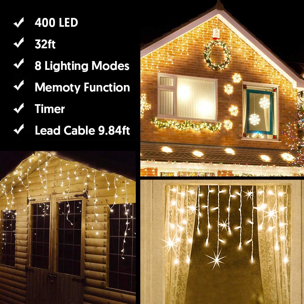 Warm White Outdoor Fairy String Lights for Christmas Led Icicle Lights Outdoor Christmas Decorations Lights 400LED 8 Modes Icicle Christmas Lights Holiday Decorations Party