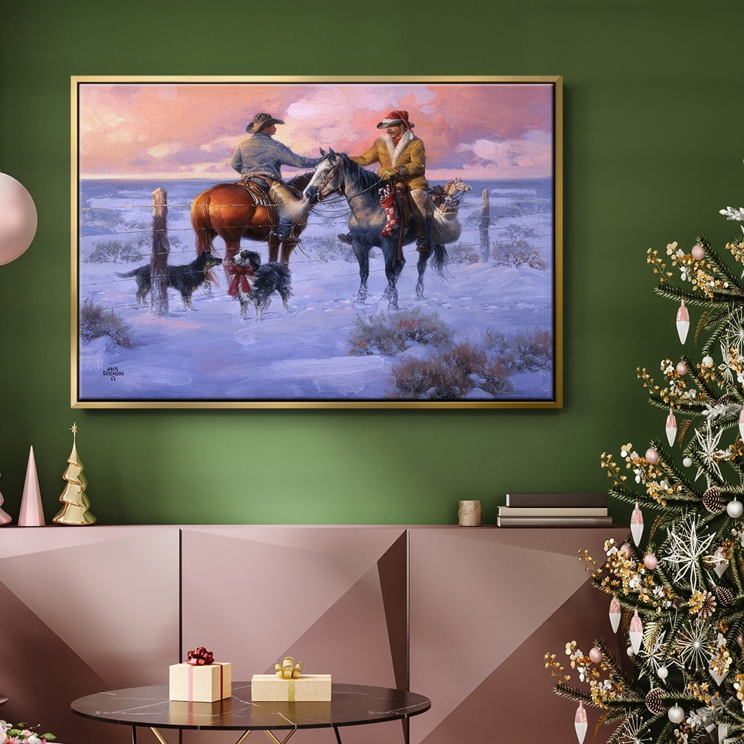 Sharin' Christmas with the Neighbors - Framed Gallery Wrapped Holiday Canvas - 17 x 25 - Gold Frame