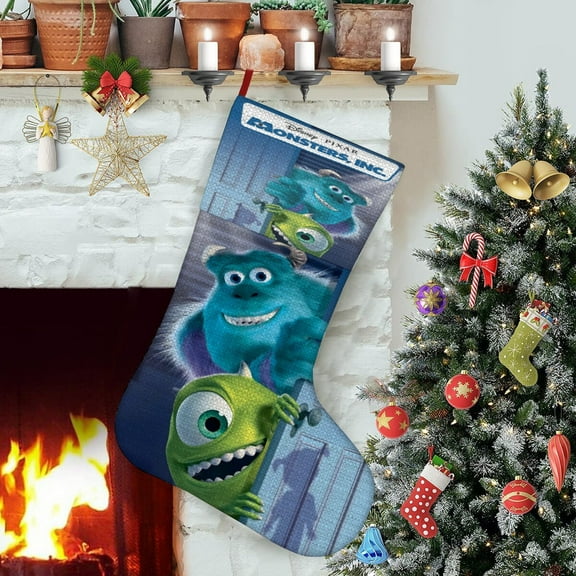 Monsters, Inc. Franchise-theme Christmas Stockings，Fine white linen for Stairs Fireplace Hanging Xmas Home Decor Christmas gift17.7"X12.6"(45cm×32cm)