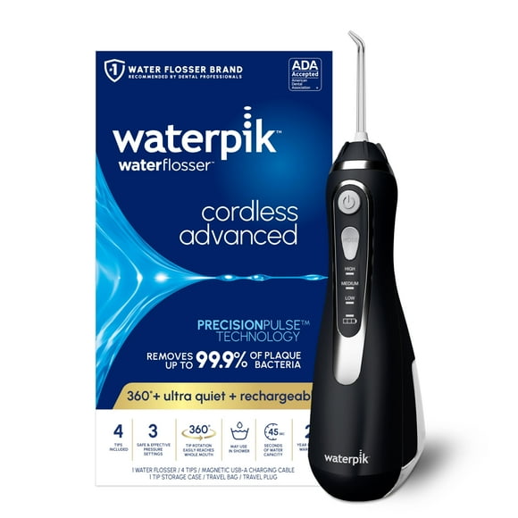 Waterpik Cordless Advanced 2.0 Water Flosser For Teeth, Gums, Braces, Dental Care With Travel Bag and 4 Tips, ADA Accepted, Rechargeable, Portable, and Waterproof, Black