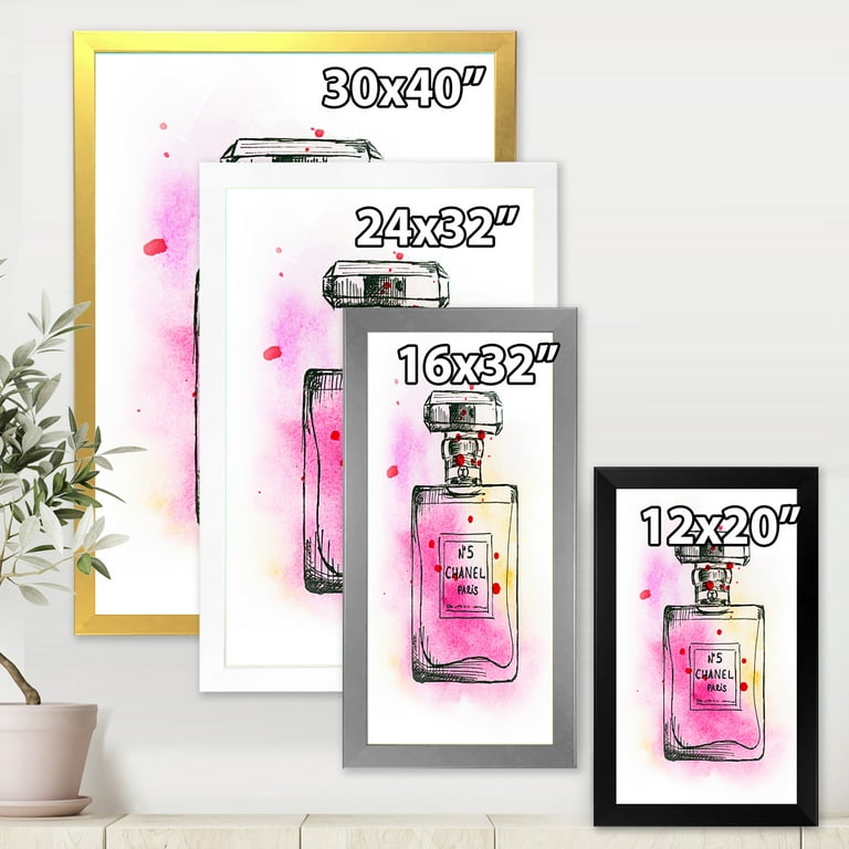 Designart 'Perfume Chanel Five Pink Strokes' French Country Framed Art Print, Size: 24 x 32
