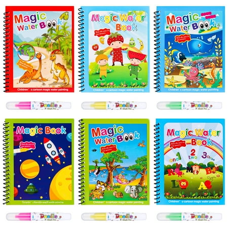 HEQUSIGNS 6Pcs Magic Water Coloring Books Reusable Painting Books with Water Drawing Pen Educational Coloring Drawing Books Gifts for Kids Toddlers 3+