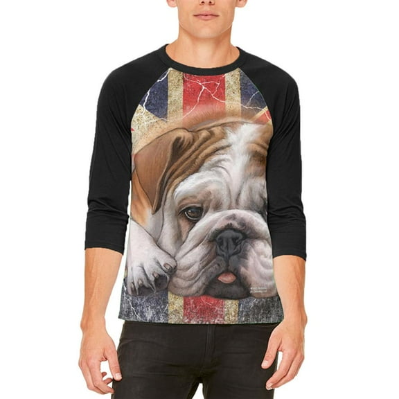 English Bulldog Union Jack Flag Live Forever Mens Raglan T Shirt White-Black SM