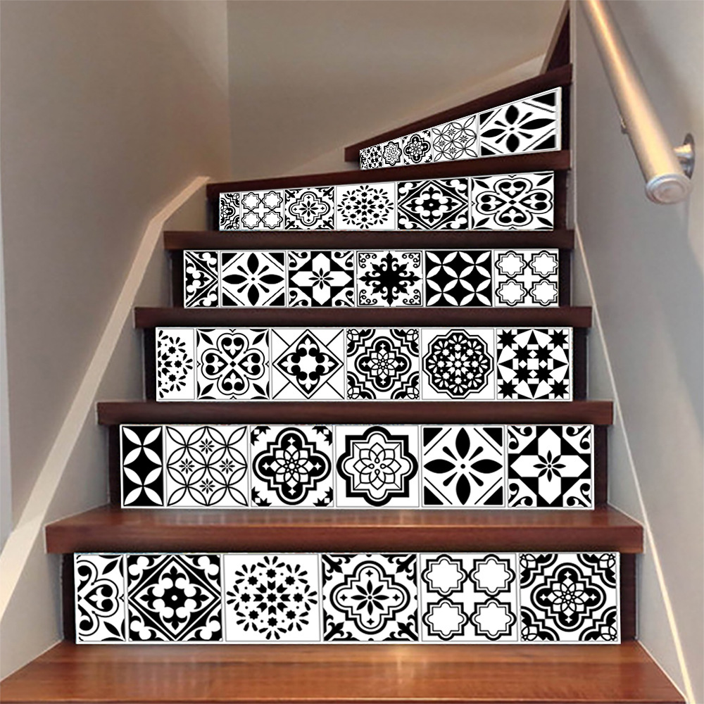 3D Stair Stickers - Removable Tile Decals for Stair Risers, Peel and Stick, 39.3Inch x 7.08Inch,Black and white mosaic pattern wall sticker