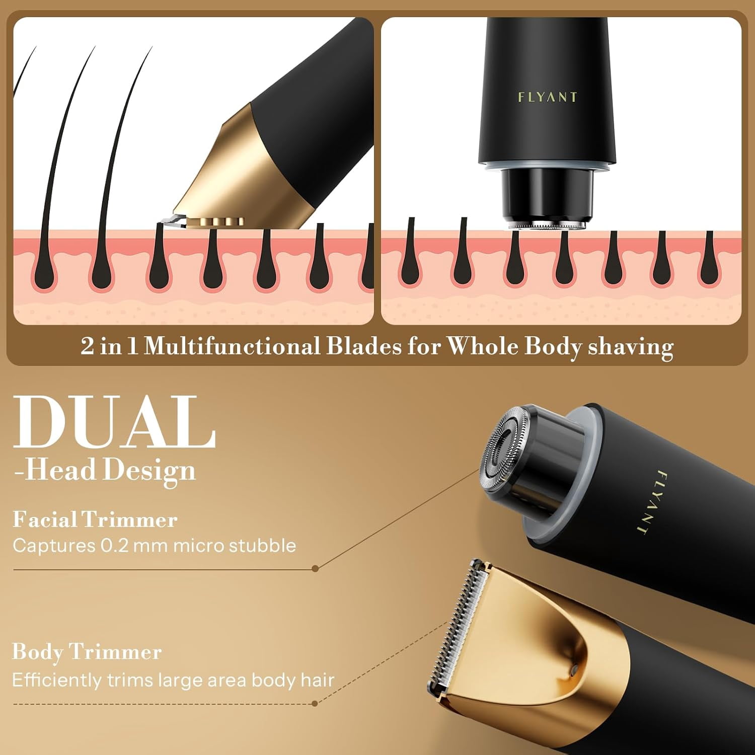 Bikini Trimmer for Women, 2 in 1 Electric Shaver for Women, Pubic Hair Trimmer Waterproof IPX7 with LED, Bikini Razor for Leg Arm Underarm Bikini Area, Christmas Gifts for Her - Black Gold