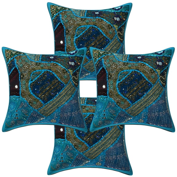 Stylo Culture Ethnic Cotton Living Room Throw Pillow Sham Covers Turquoise 16 x 16 Beaded Sequins Patchwork Embroidered Couch Cushion Covers 40x40 cm Home Decor Square Pillow Cases | Set Of 4
