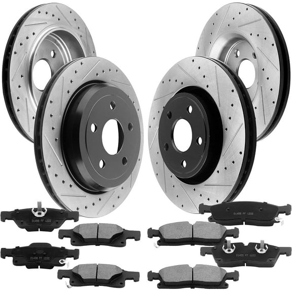 MotorbyMotor Front Rear Brake Kit Rotors and Ceramic Pads Replacement for 2011-2020 Dodge Durango, 2011-2018 Jeep Grand Cherokee E-Coating Drilled & Slotted Brake Rotor & Disc Brake Pads