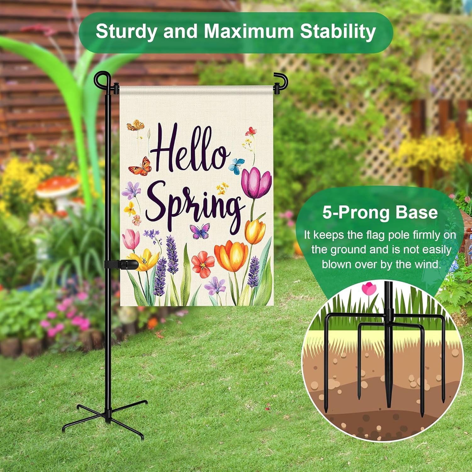Garden Flag Stand with 5 Prong Base,Stable Design Garden Flag Holder for Outside,Waterproof Coated Yard Flags Pole Holder with Clip and Stopper for Outside House,Lawn,Yard Decorations