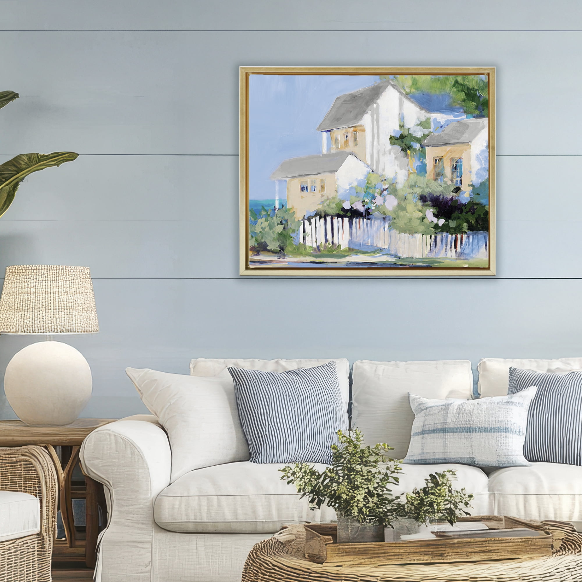 Stupell Industries Living by the Water Cottage Gold Framed Floater Canvas Wall Art, design by Jane Slivka