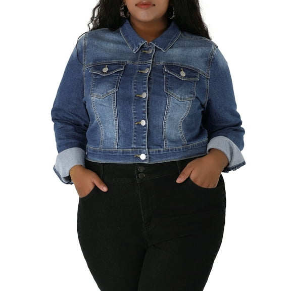 Unique Bargains Women's Plus Size Long Sleeve Jean Jacket Button Cropped Denim Jacket