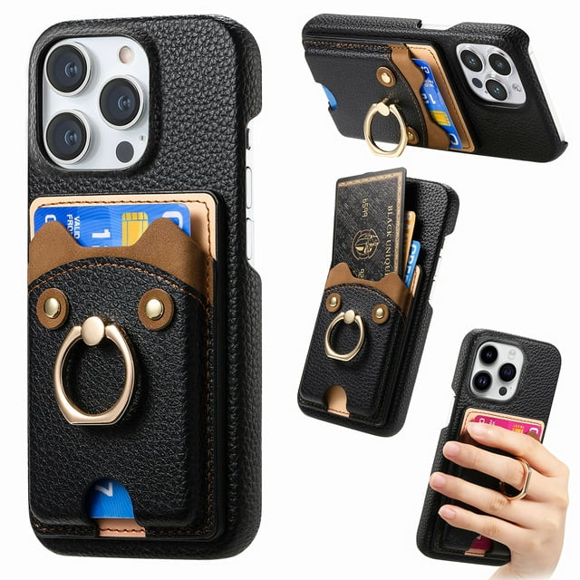 Étui pour FOXDOCK iPhone 15 Pro, Cuir, Anneau Ourson, Porte-Cartes