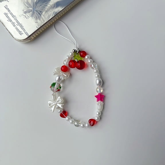 Cherry Color Cute Pearl Beaded Camera Wristband Lanyard for Digital Camera Phone Bag Keychain Accessory