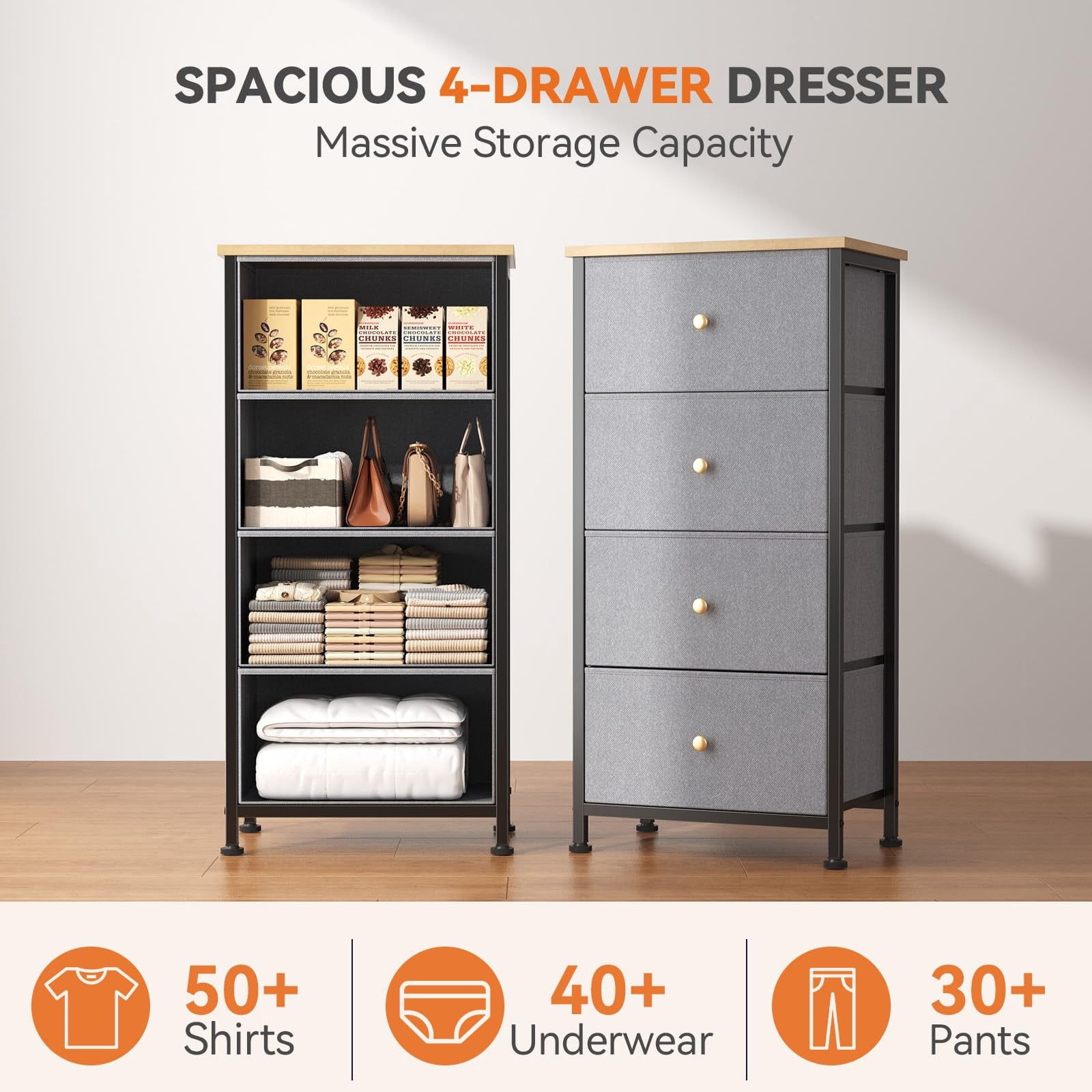 Telyra 4-Drawer Fabric Dresser 37.4" Tall Storage Tower with Wood Top and Steel Frame Narrow Organizer, Greyish Blue