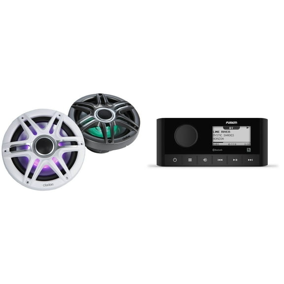 Fusion MS-RA60 Source Unit w/ Clarion CMSP-771RGB-SWG Premium 7.7-inch Coaxial Marine Speakers with built-in RGB illumination ( Includes White & Gray Sport Grilles)
