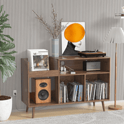 Oubayajia Record Player Stand, Vinyl Record Storage Cabinet with Charging Station & USB Ports, Mid-Century Turntable Stand Table Holds Up to 300 Albums Living Room Bedroom Office, Walnut