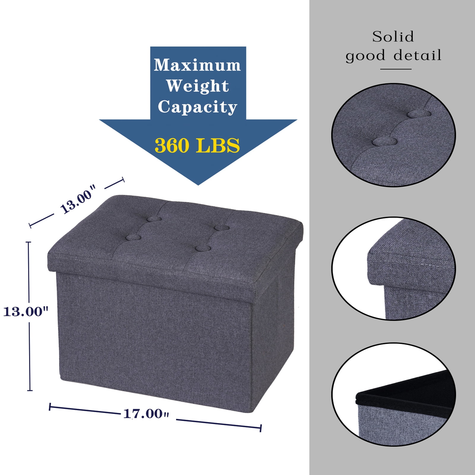 Storage Ottoman Cube - Ottoman as Stool, Foot Rest & Stepping Stool - Folding with Padded Seat Gray