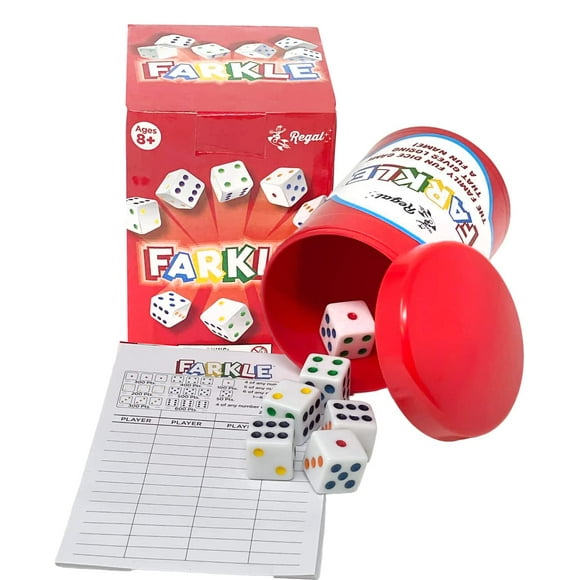 Regal Games - Farkle Classic Dice Game w/ 6 Colored Dice, 1 Convenient Dice Cup for Easy Shaking, and 25 Score Sheets - Fun Family Game for Travel, Camp, and More - Ideal for 2-4 Players (Ages 12+)