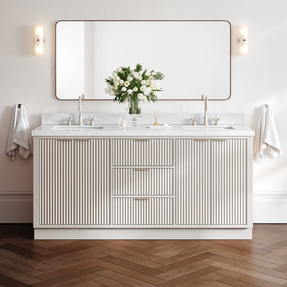 ARIEL Milan 73 Inch Double Rectangle Sink Bathroom Vanity with Carrara White Marble Countertop 1.5 Inch in Warm White