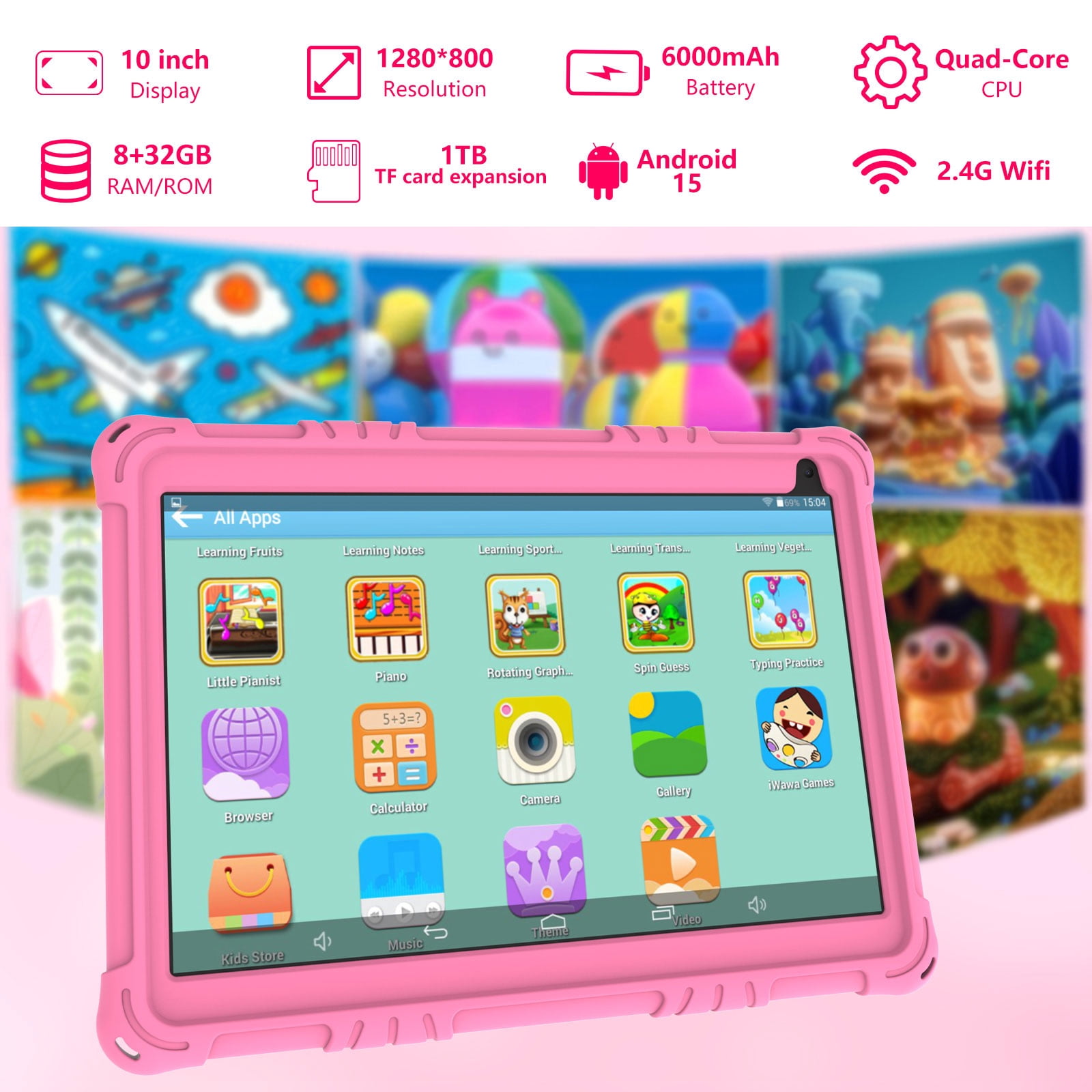 Android 15 Kids Tablet, 10 inch Tablet for Kids, 8GB RAM 32GB ROM 1TB Expand, Toddler Tablet with Parental Control, IPS Screen, Dual Camera, Educational, Games, Shockproof Case for Girls, Pink