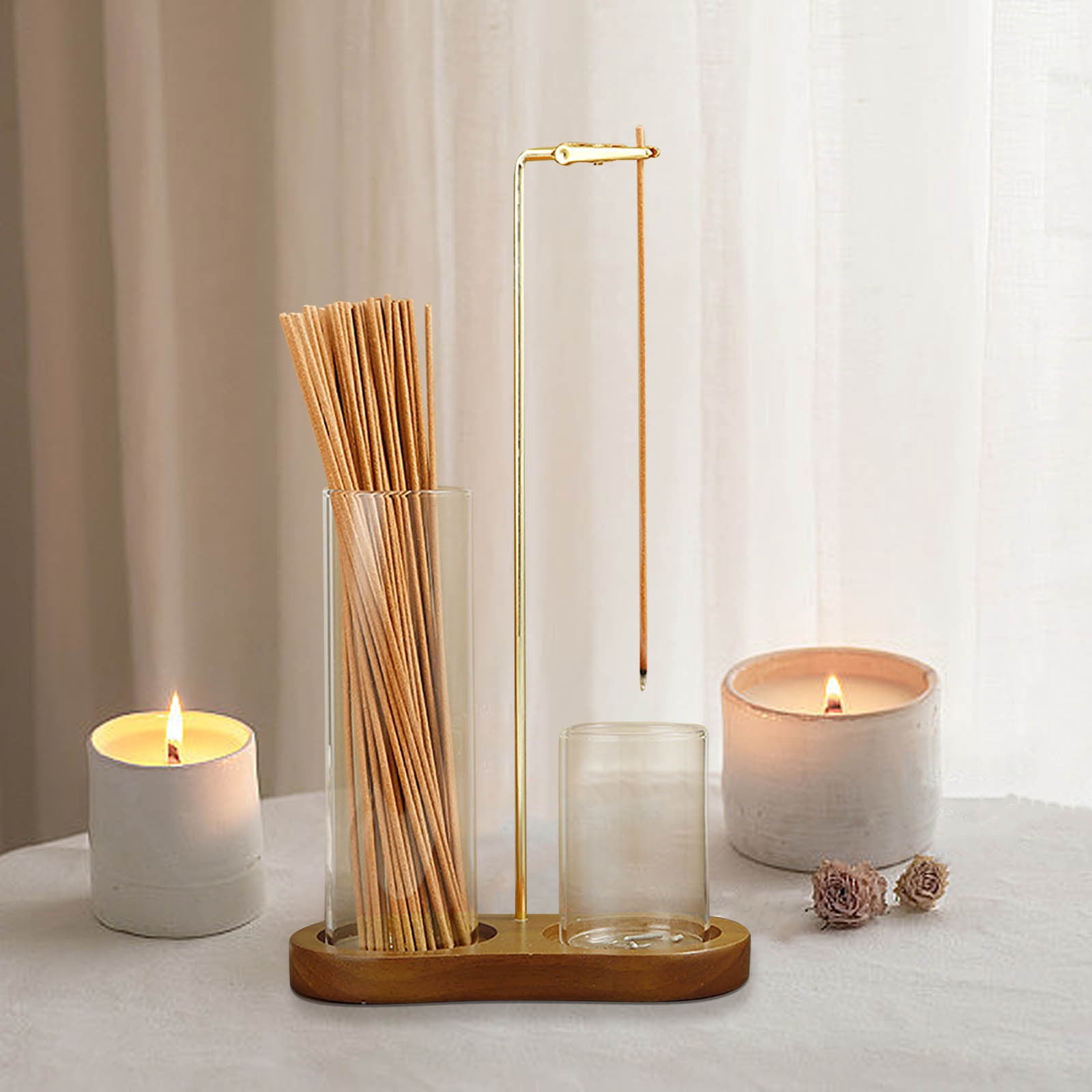 2-in-1 Incense Holder for Sticks with Ash Catcher, Solid Rubber Wood 8-Shaped Base and Glass Burner Cup, Modern Aromatherapy Decor for Home, Office, or Meditation Space