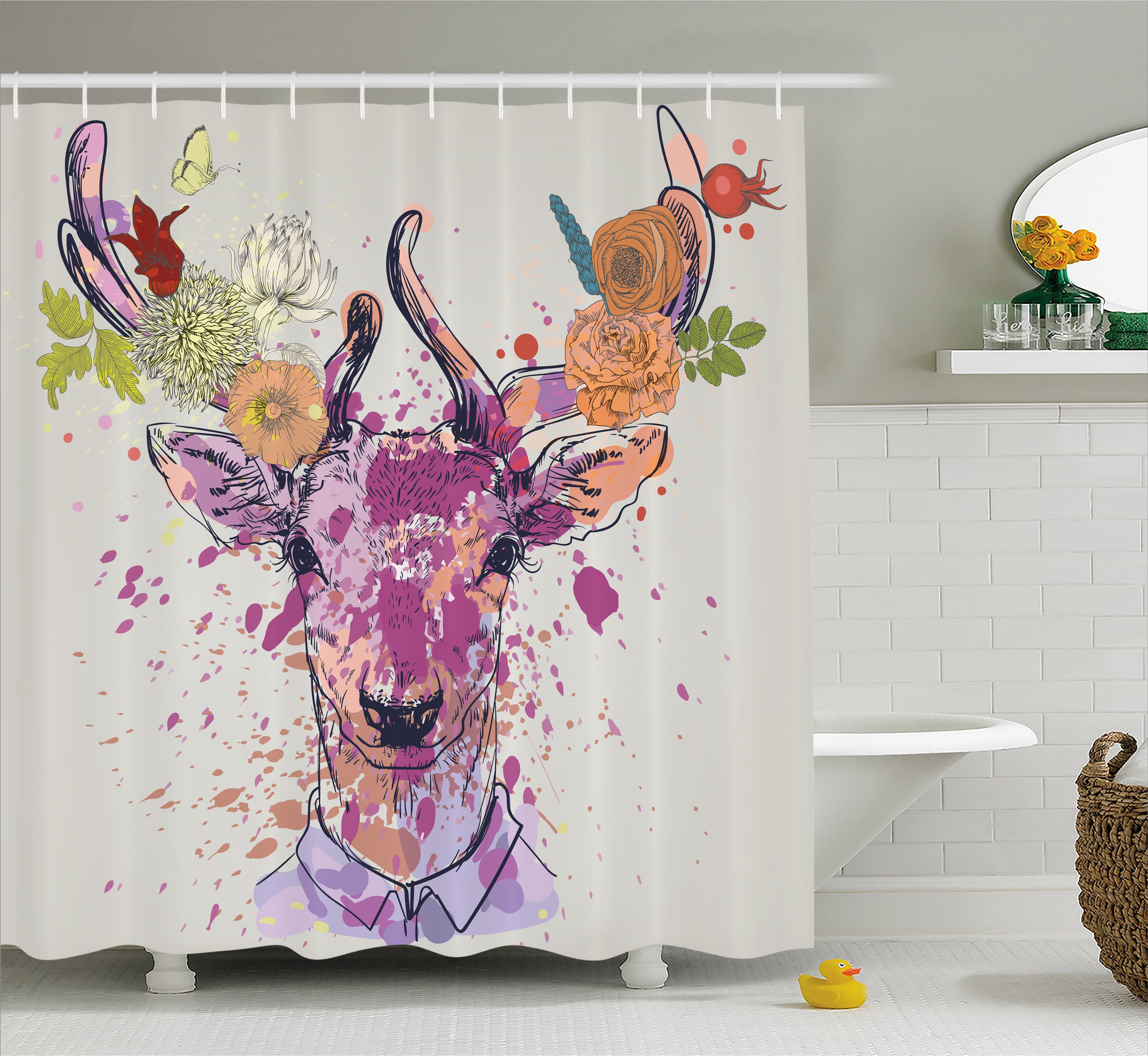 Indie Shower Curtain, Artistic Colorful Deer Portrait with Color