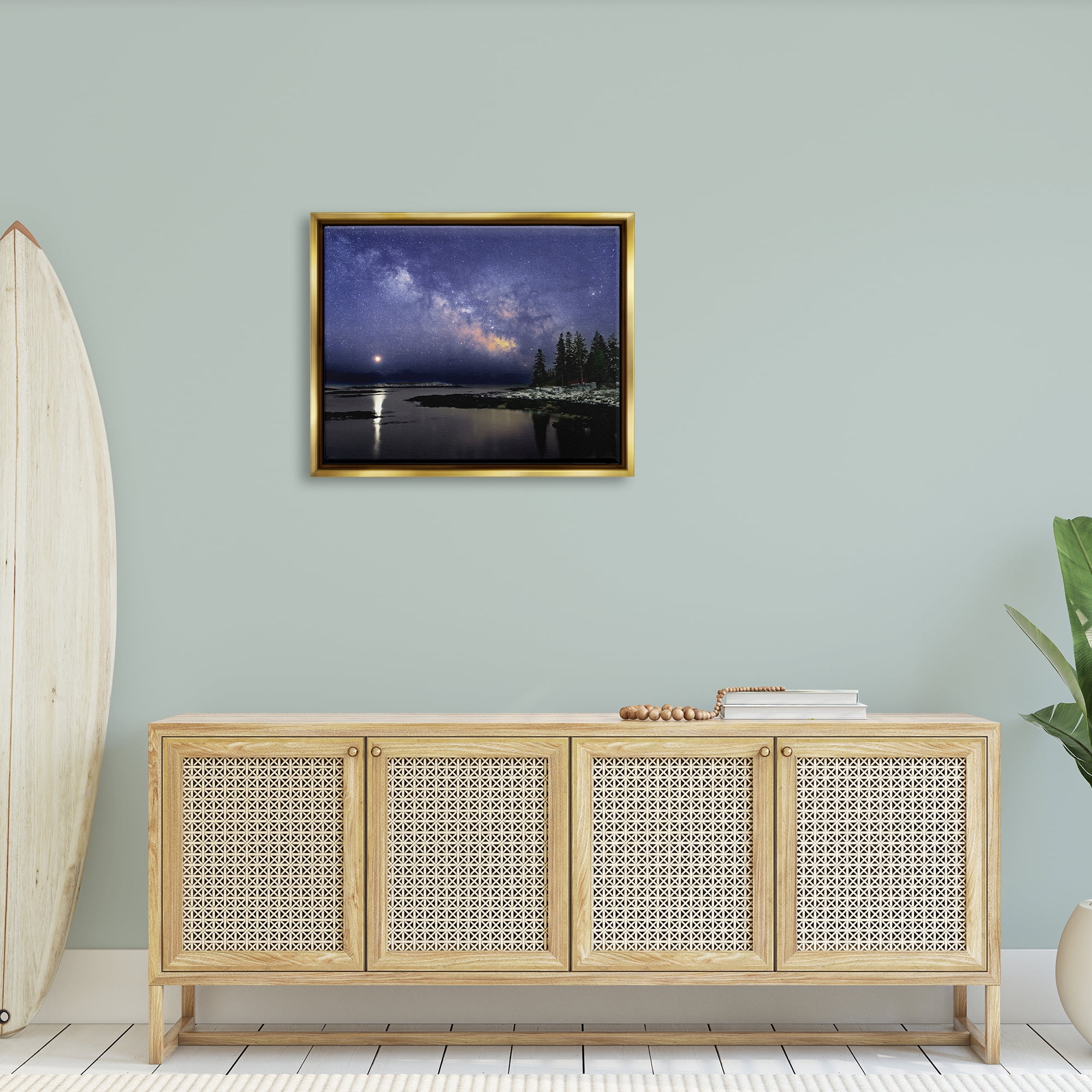Stupell Galaxy Stars Over Coastal Winter Night Landscape Photography Gold Floater Framed Art Print Wall Art