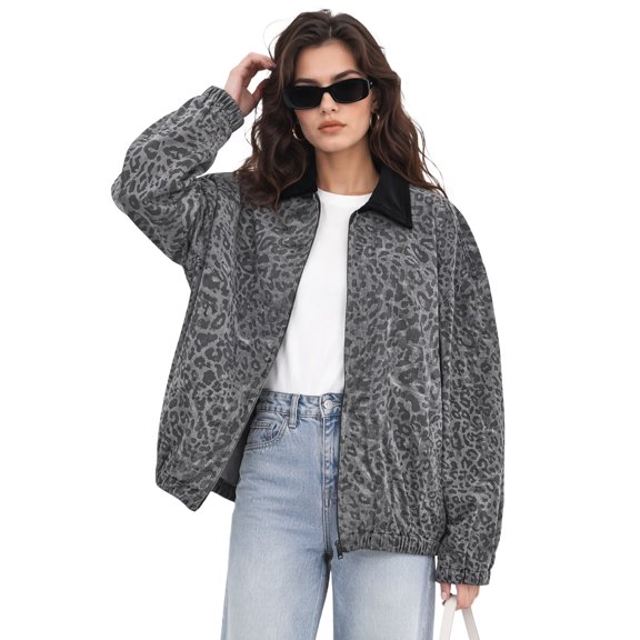 Women's Leopard Print Oversized Bomber Jacket, Zip Up Collared Casual Coat