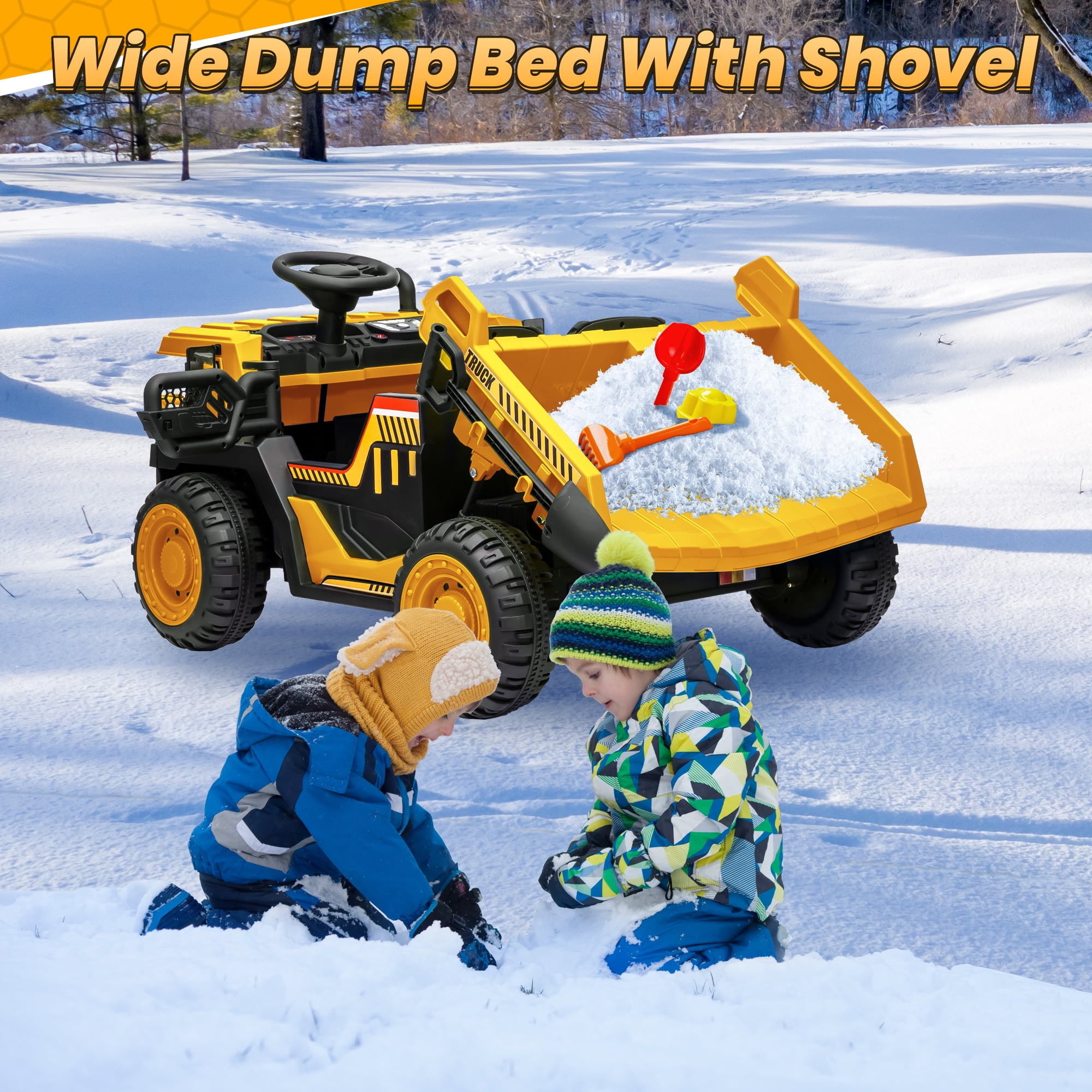 Funride 24V Ride on Toys 2 Seater Ride on Dump Truck w/ Remote Control w/ Dump Bed, 3 Speeds, Shovel, Bluetooth/Music, Big Kids, Yellow