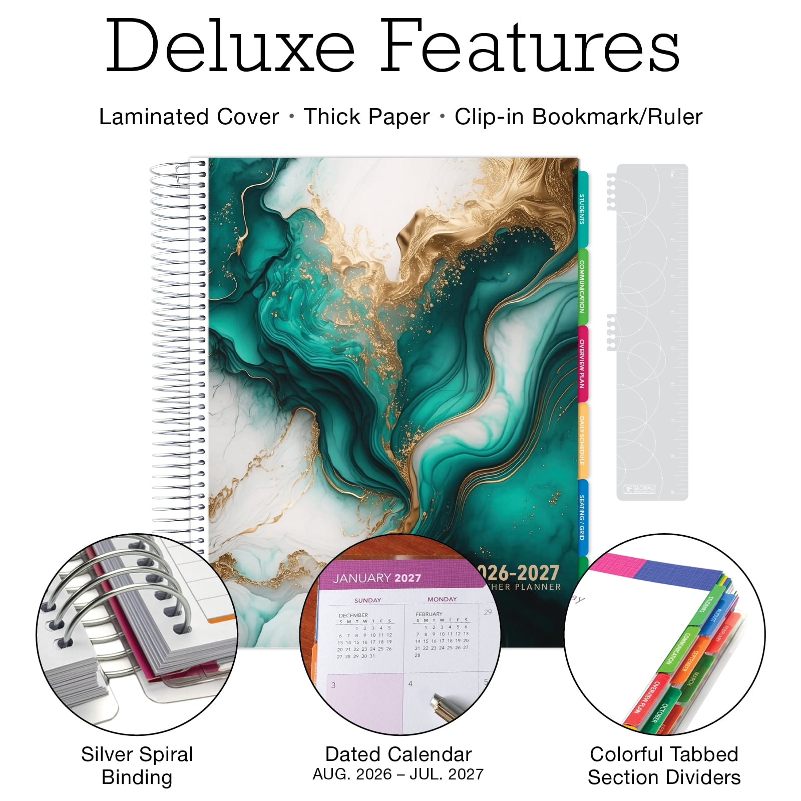 2026-2027 Excello Brands 8.5" x 11" Academic Year Deluxe Teacher Planner, Weekly/Monthly, 12 Month, Teal Gold Marble