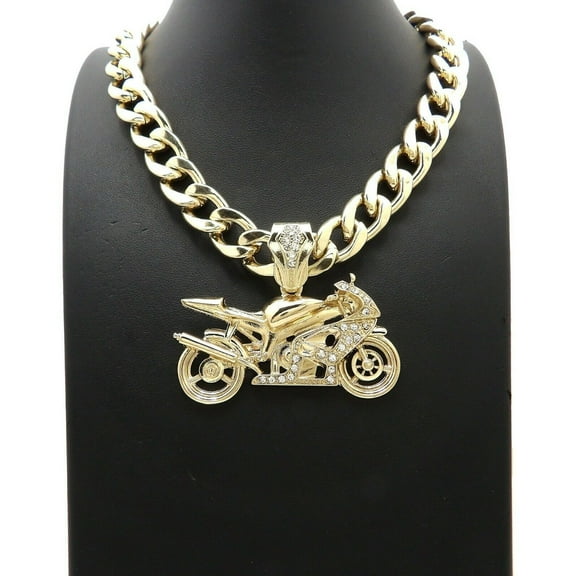 ICED GOLD PLATED HIP HOP MOTORCYCLE PENDANT & 10mm 20" CUBAN CHOKER CHAIN NECKLACE