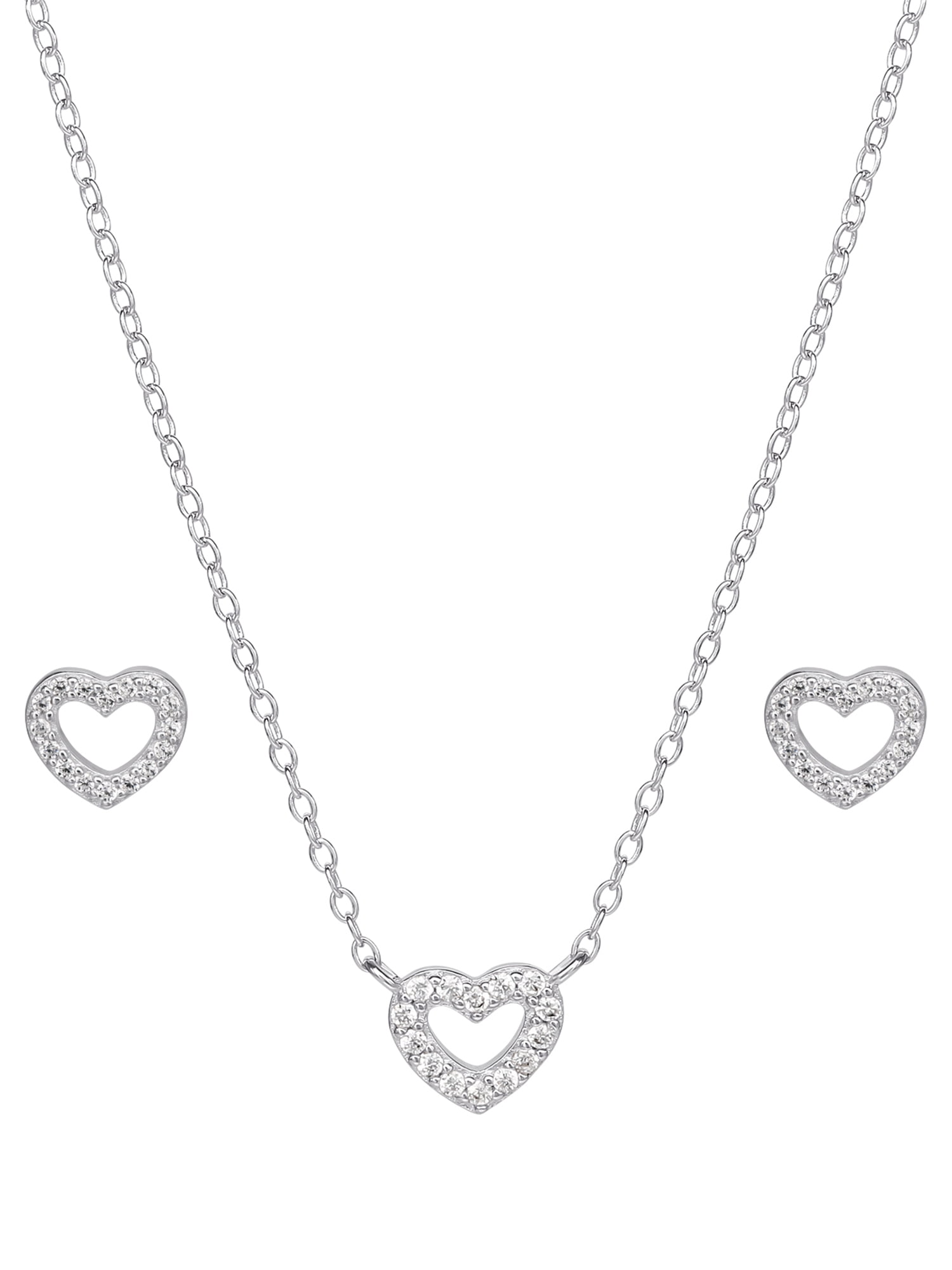 Sterling Silver Heart Necklace & Earring Set with Cubic Zirconia for Women