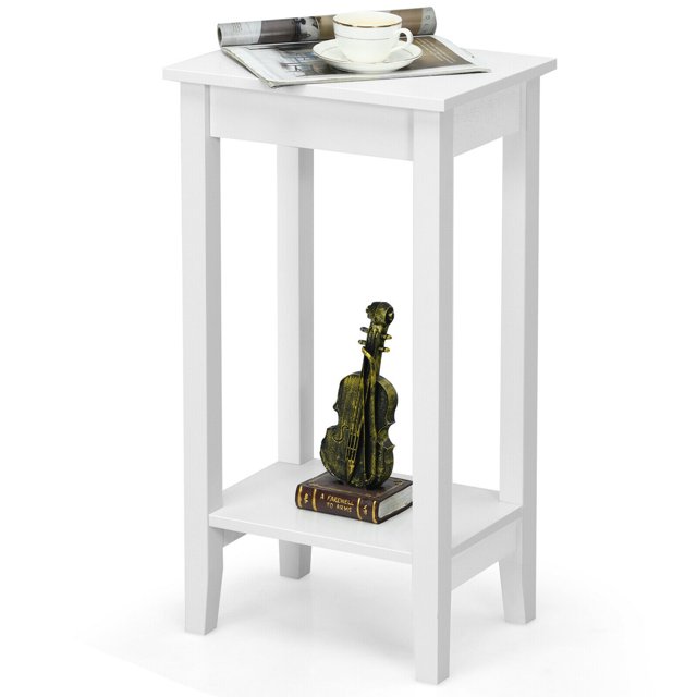 Gymax Table de Chevet à 2 Niveaux Table d'Extrémité Table d'Appoint Table Basse Pieds en Bois Chambre Blanc