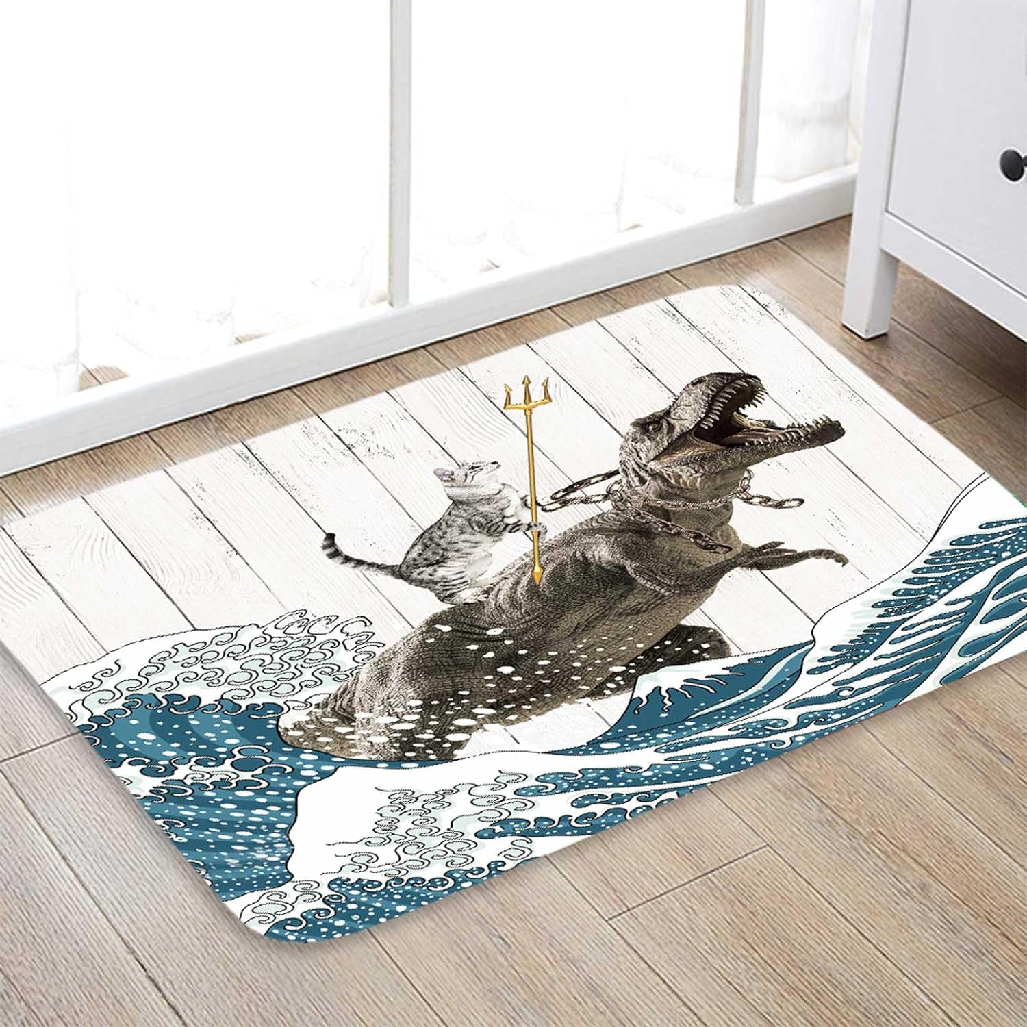 Funny Cat Bath Mat, Cool Cat Dinosaur Japanese Ocean Wave Decor Soft Bathroom Rugs, Rustic Wooden Barn Farmhouse Bath Mat, 17X48in