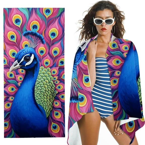 RKSupls Blue Peacock Oversized Microfiber Beach Towel, Ultra-Soft Microfiber  for Bathroom, beach, Soft Super Absorbent- 30x60 in