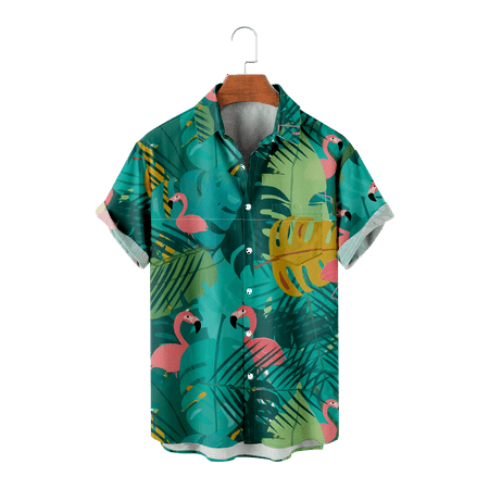 

MLFU Youth Adult Flamingo Casual Button-Down Short Sleeve Shirts Tropical Breast Pocket Tee Shirts Party Bowling Shirts Up to 8XL
