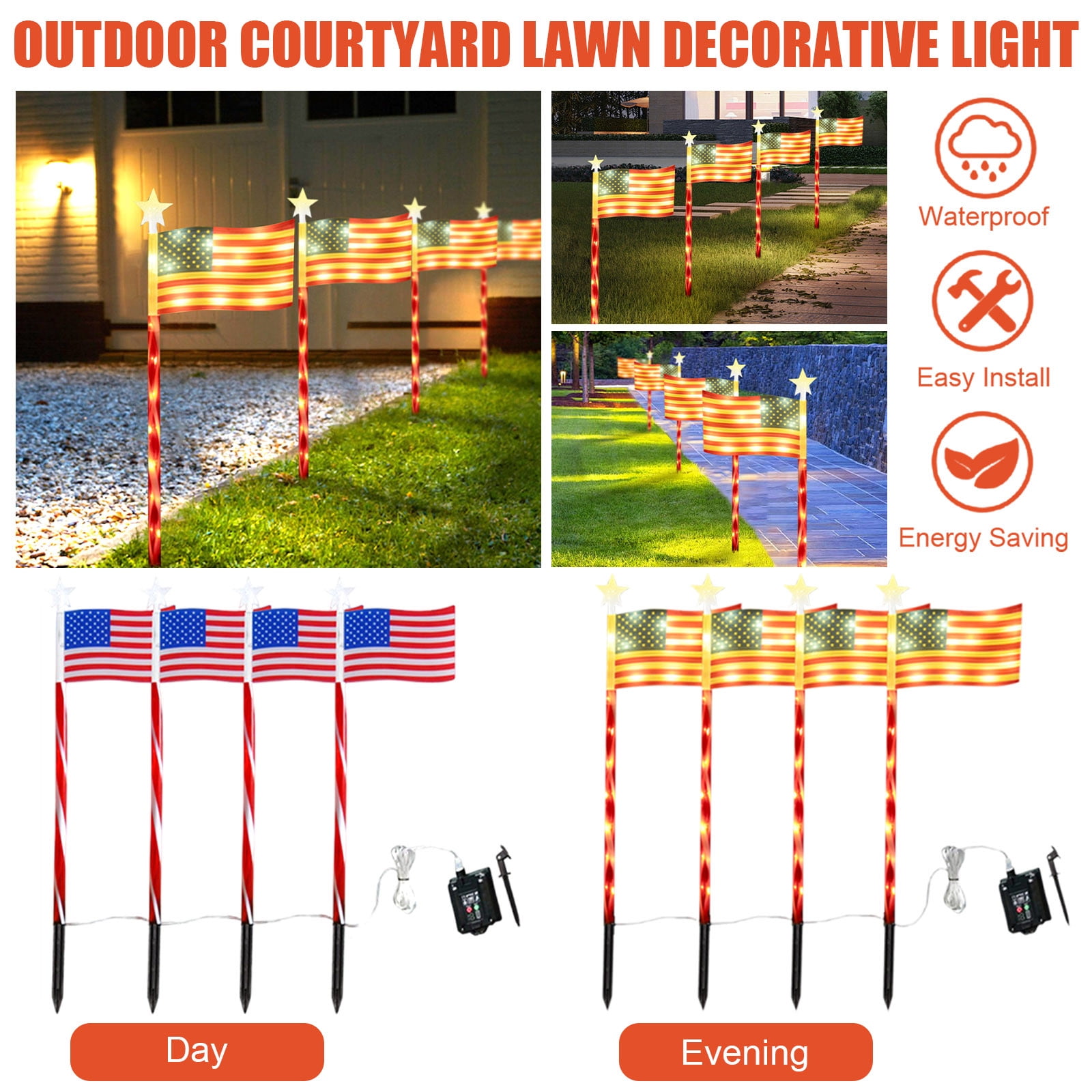 4-Pack American Flag LED Pathway Lights, Easy Install Waterproof Outdoor Lights for Courtyard Lawn Decoration B