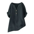 thumbnail image 5 of Women Breathable Cotton Linen T-Shirt Button V Neck Blouse Solid Color Short Sleeve Tops Lightweight Loose Fit Blouses Leisure Comfort Summer Cooling Shirt Everday Wear, 5 of 5