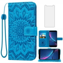 Asuwish Compatible with Hot Pepper Serrano 3 Wallet Phone Case and Tempered Glass Screen Protector Flip Credit Card Holder Stand Mandala Flower Cell Cover for HPP-L55B HPPL55B Women Men Blue