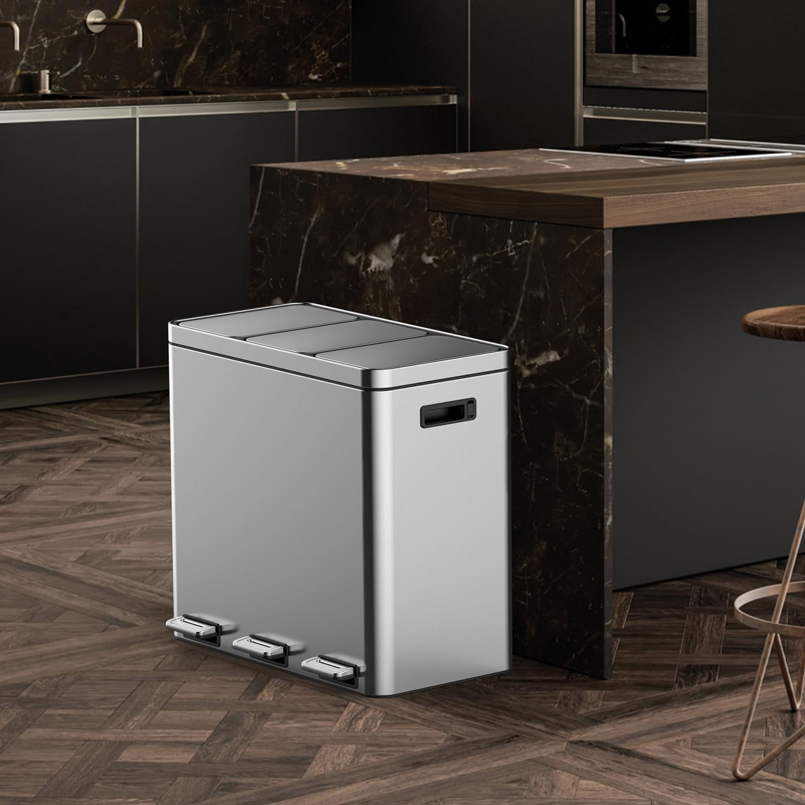 Dual Compartment Trash Can, Stainless Steel Kitchen Step Trash Can with Lids, Foot Pedals, Garbage and Recycle Bin Combo with Removable Buckets for Home Office