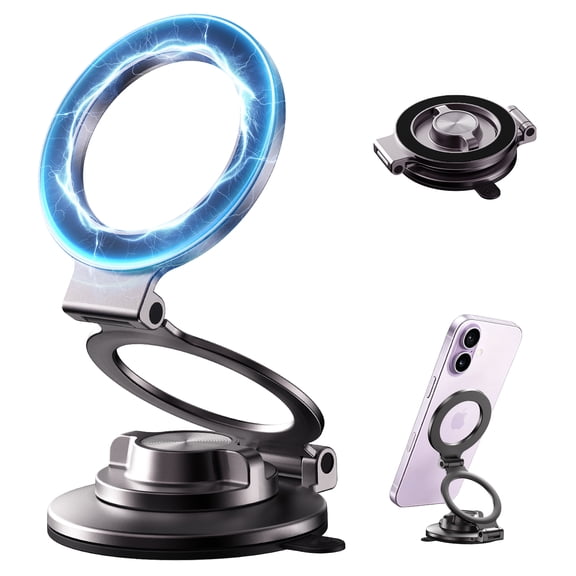 Magnetic Car Mount Phone Holder-360° Adjustable Cell Phones Stand Mount, Strong Magnets, All-Metal, Foldable for Screen Dashboard Windshield & Gym, Fits iPhone & Android, Black
