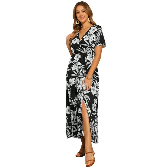 DARING DIVA Short Sleeve Tropical Slit Wrap V Neck Maxi Floral Dress XS Black