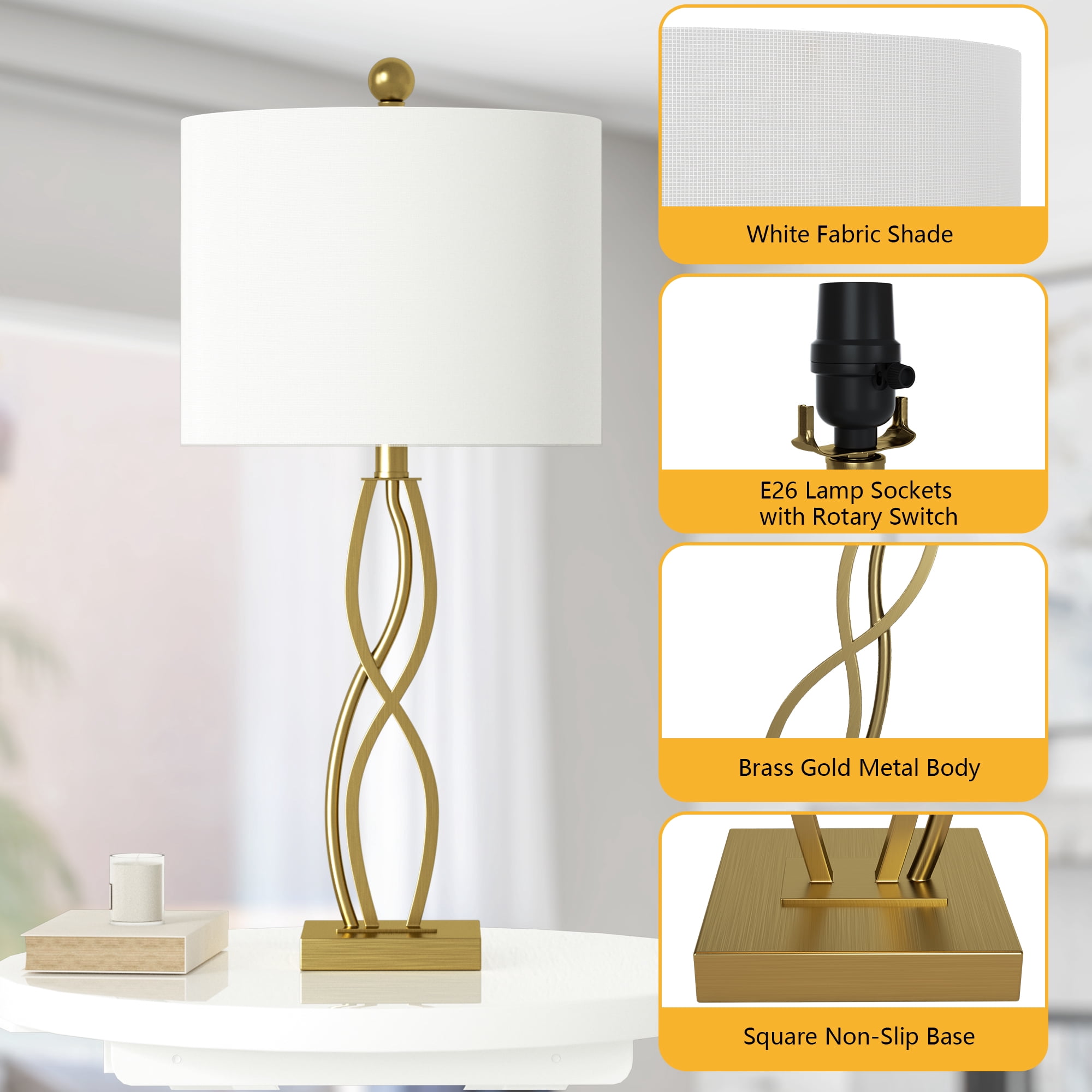 Maxax 26" Gold Table Lamps Set of 2 , Modern 3-Way Dimmable Bedside Lamps for Living Room, Bedroom, Nightstand, End Table, Office